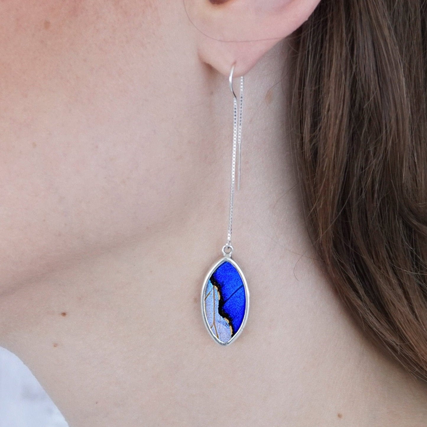 My Store Earrings Combo Morpho & Morpho Sulkowskyi Oval Pendant on Threader | Handmade Boho Earrings | Gift for Her | Brilliant Colors | Real Wings