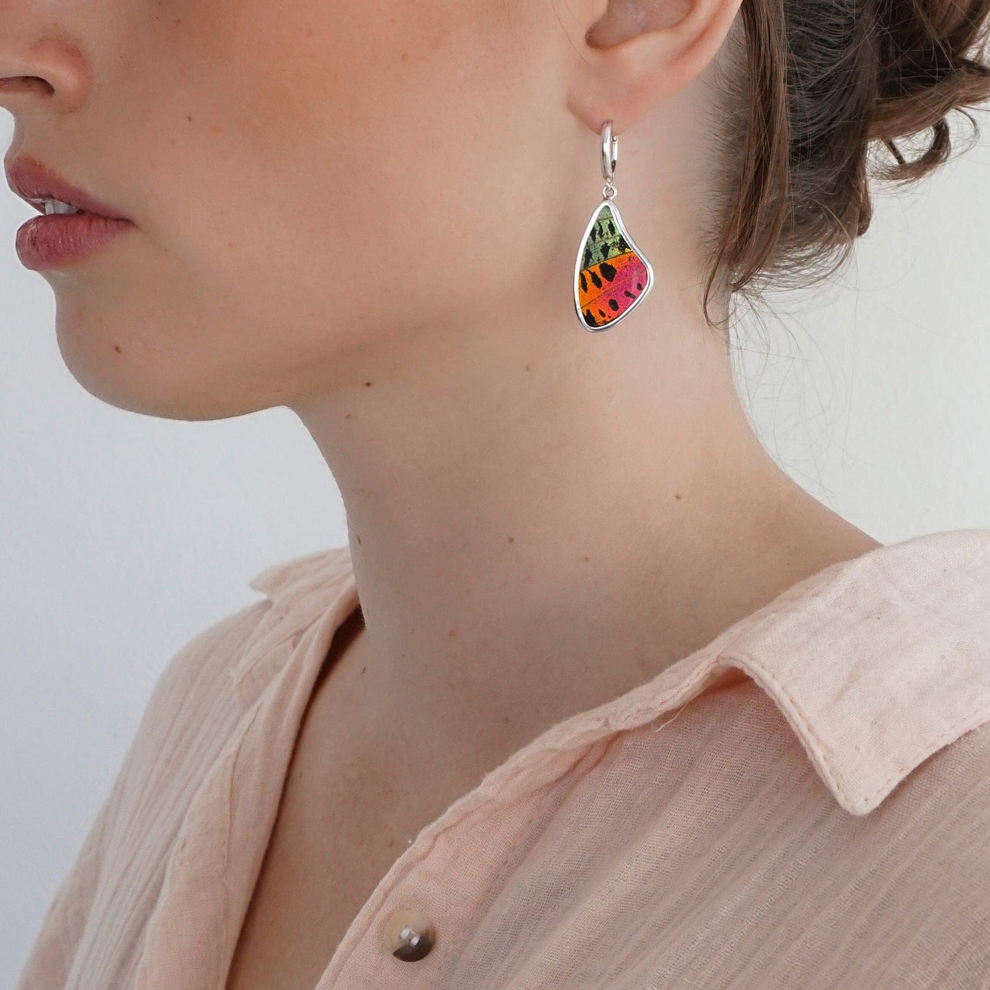My Store Earrings Large Wing-Shaped Pendant Earrings on Leverback | Real Urania Ripheus Butterfly - Sunset Series | Sterling Silver