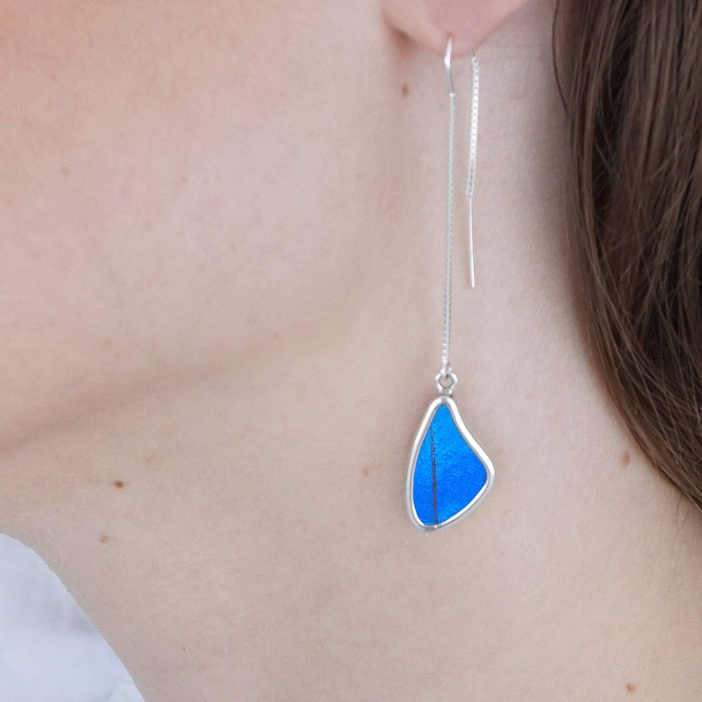 
                  
                    My Store Earrings Morpho Small Butterfly WIng Pendant on Threader | Dainty Boho Earrings | Handmade Jewelry | Gift for Her | Real Wings with Iridescent Colors
                  
                