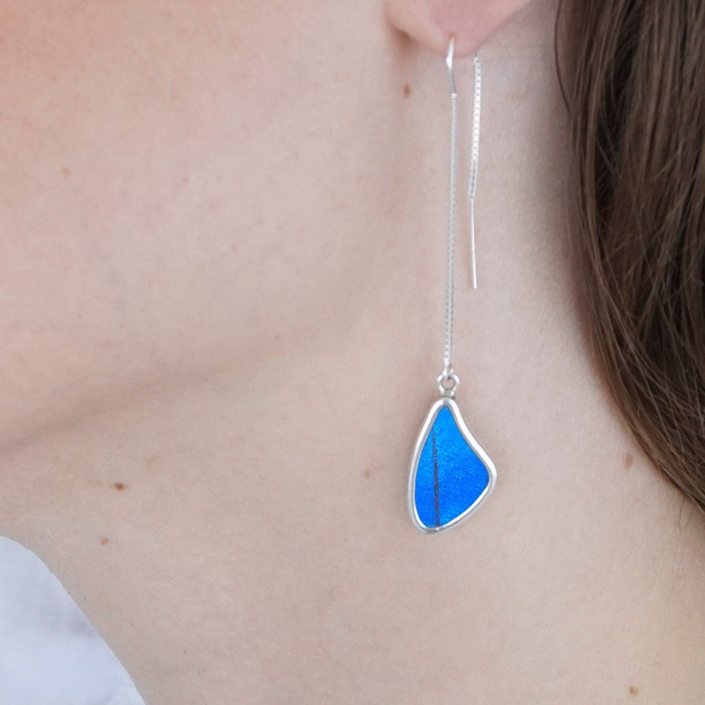 My Store Earrings Morpho Small Butterfly WIng Pendant on Threader | Dainty Boho Earrings | Handmade Jewelry | Gift for Her | Real Wings with Iridescent Colors