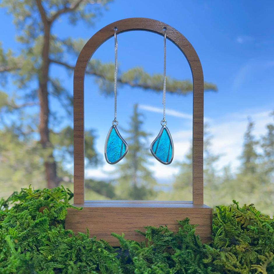 My Store Earrings Morpho Small Butterfly WIng Pendant on Threader | Dainty Boho Earrings | Handmade Jewelry | Gift for Her | Real Wings with Iridescent Colors