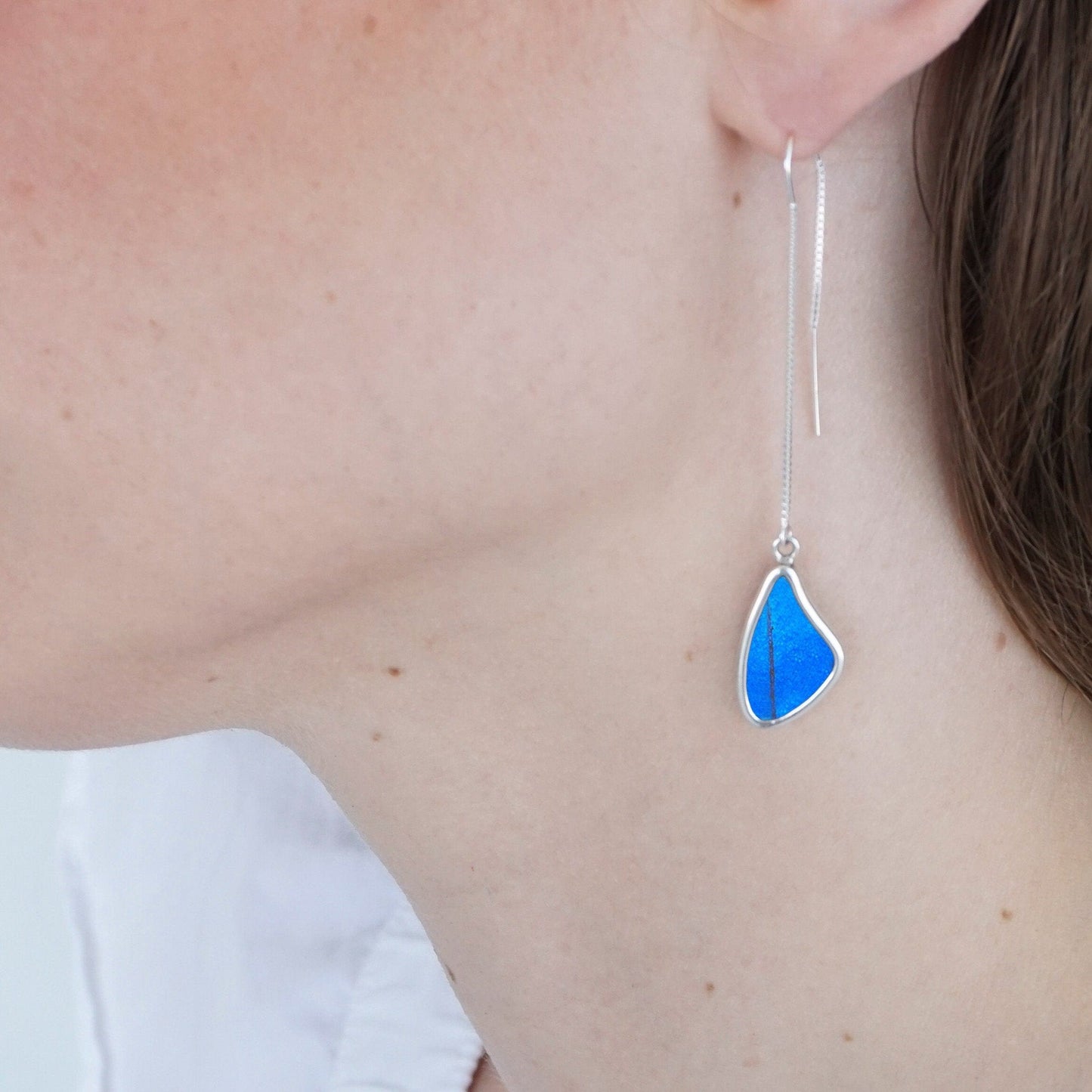 My Store Earrings Morpho Small Butterfly WIng Pendant on Threader | Dainty Boho Earrings | Handmade Jewelry | Gift for Her | Real Wings with Iridescent Colors