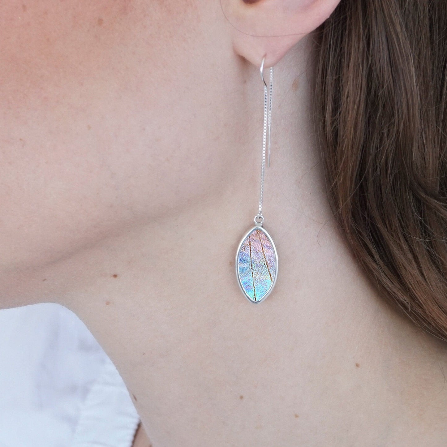 My Store Earrings Morpho Sulkowskyi Oval Pendant on Threader | Gift for Her | Dainty Handmade Jewelry | Boho Earrings | Real Wings | Dramatic Statement Piece