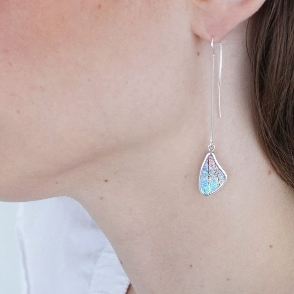 My Store Earrings Morpho Sulkowskyi Small Butterfly Wing Pendant on Threader | Handmade Jewelry | Gift for Her | Dainty Boho Earrings | Real Wings