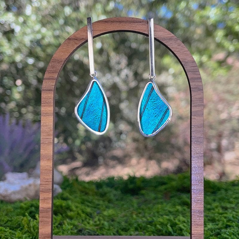 My Store Earrings Real Morpho Butterfly Medium Wing Shaped Pendant On Flat Bar Post Earrings In Sterling Silver