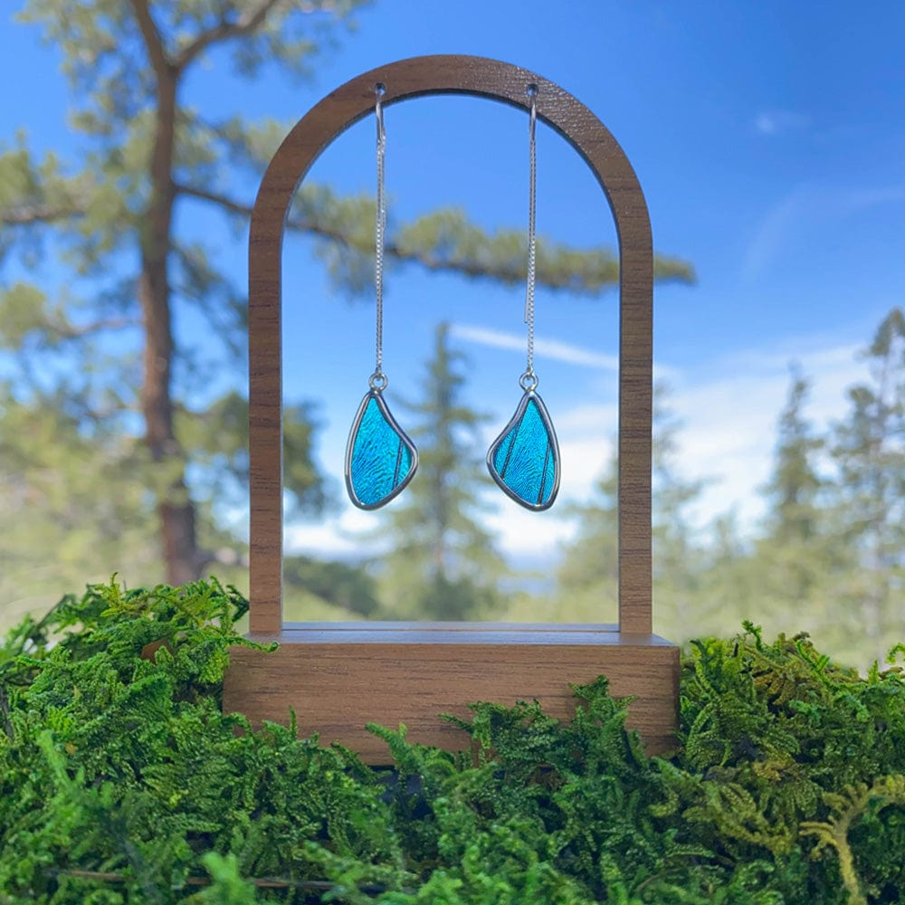 My Store Earrings Real Morpho Butterfly Small Wing Shaped Pendant On Threader Earrings In Sterling Silver