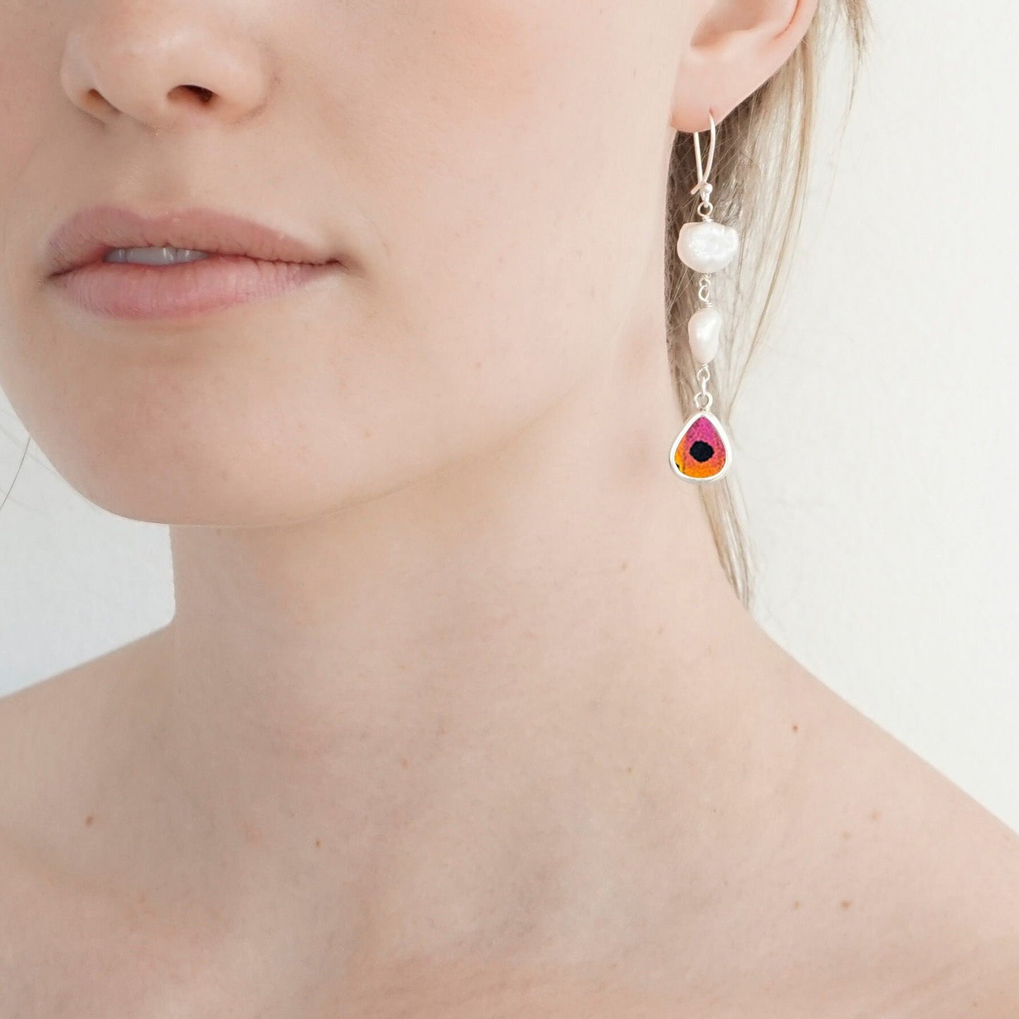 My Store Earrings Real Urania Ripheus Dot Butterfly Small Teardrop Pendant With Two Freshwater Pearls Earrings In Sterling Silver