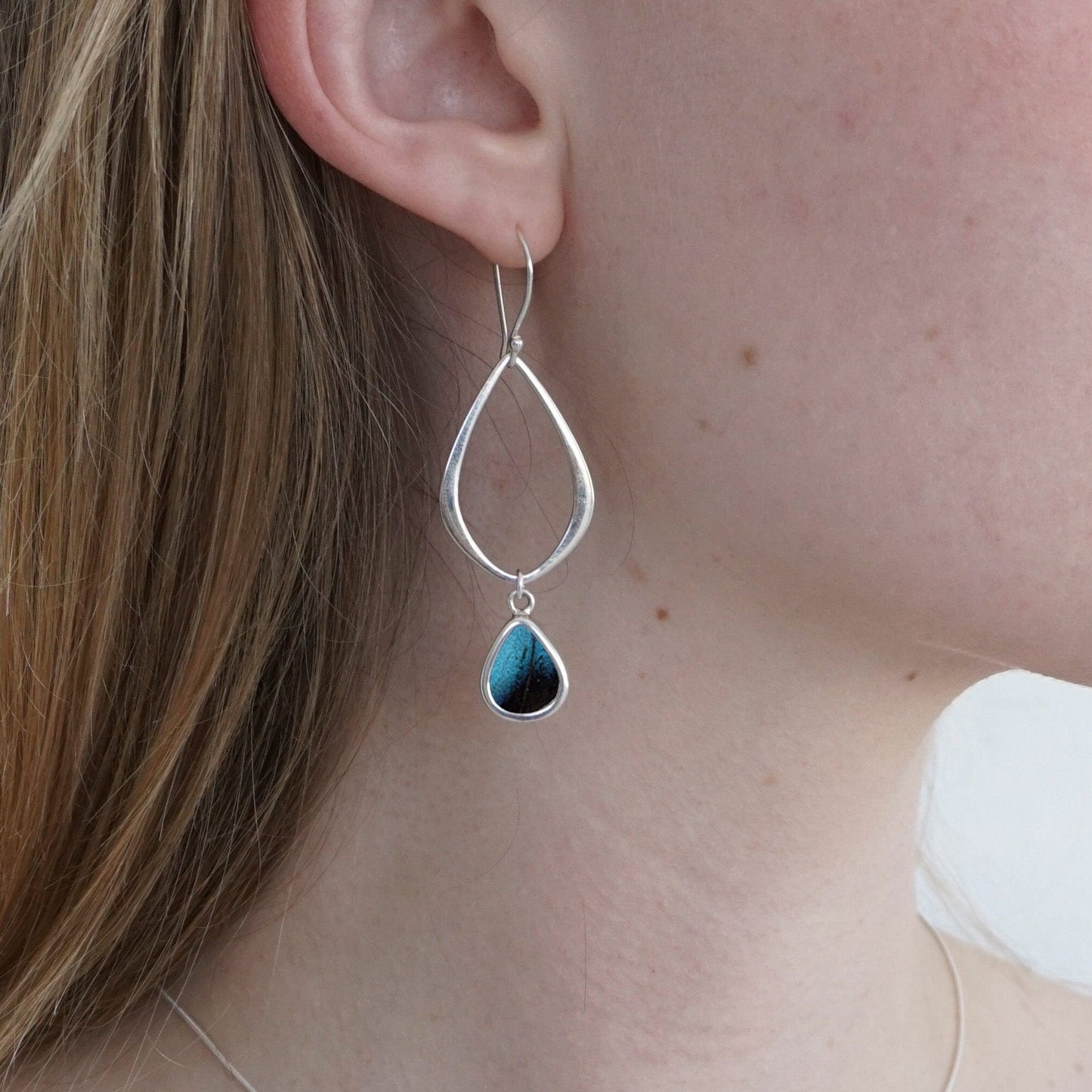 My Store Earrings Small Teardrop-Shaped Pendant Earrings on Earwire | Real Morpho Achilles Butterfly | Sterling Silver