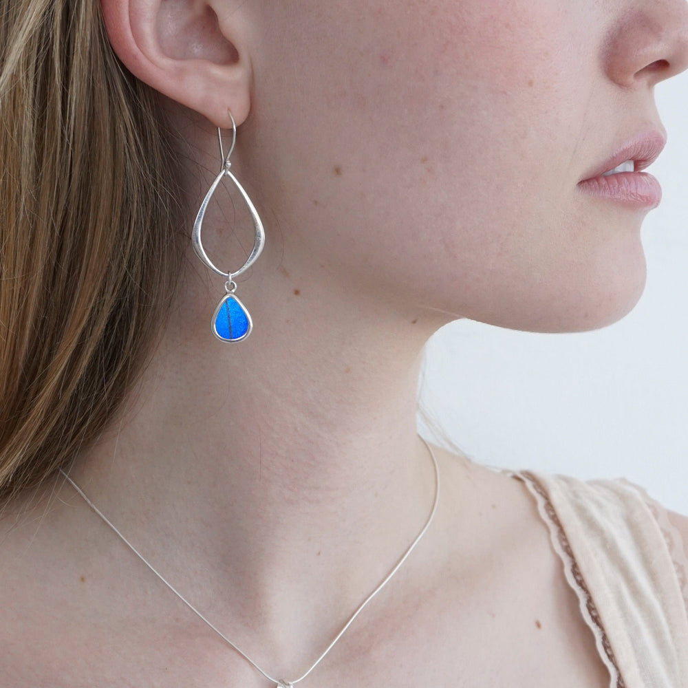 
                  
                    My Store Earrings Small Teardrop-Shaped Pendant Earrings on Earwire | Real Morpho Butterfly | Sterling Silver
                  
                