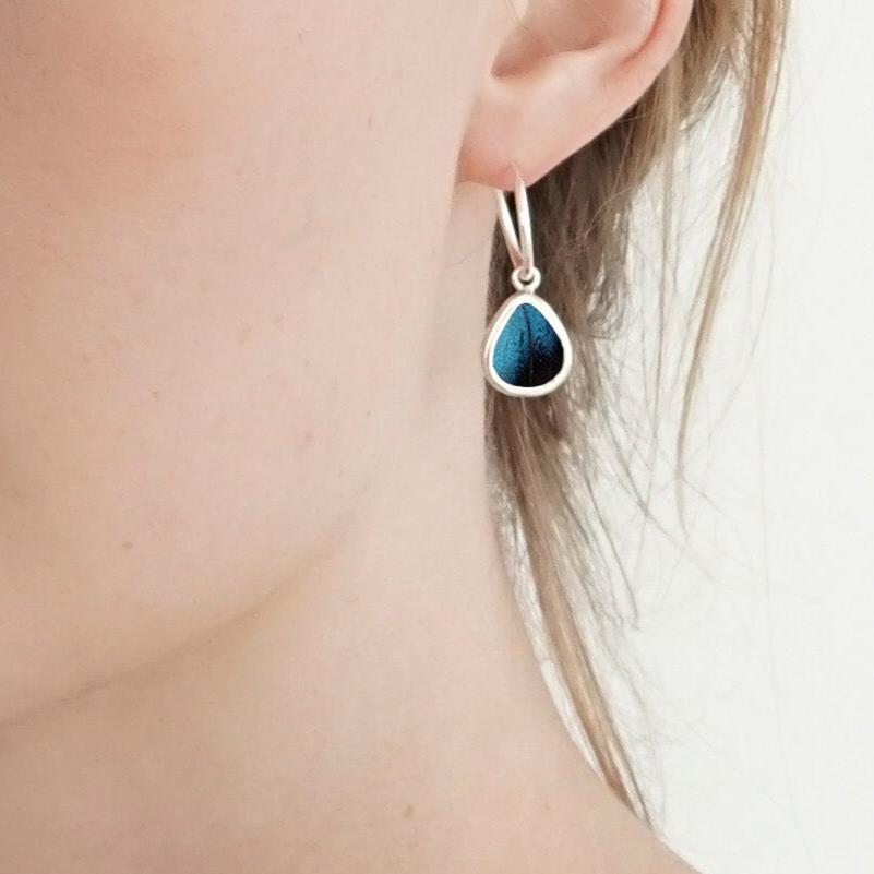 My Store Earrings Small Teardrop-Shaped Pendant Earrings on Endless Hoop | Real Morpho Achilles Butterfly | Sterling Silver