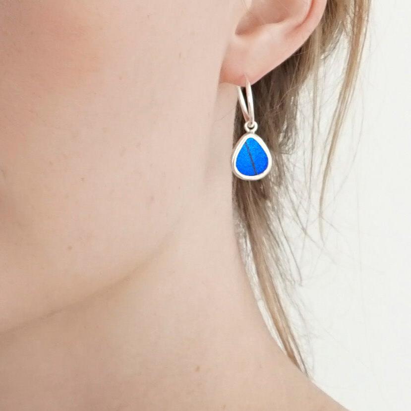 
                  
                    My Store Earrings Small Teardrop-Shaped Pendant Earrings on Endless Hoop | Real Morpho Butterfly | Sterling Silver
                  
                