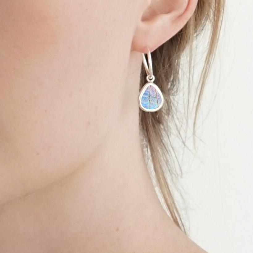 My Store Earrings Small Teardrop-Shaped Pendant Earrings on Endless Hoop | Real Morpho Sulkowskyi Butterfly | Sterling Silver