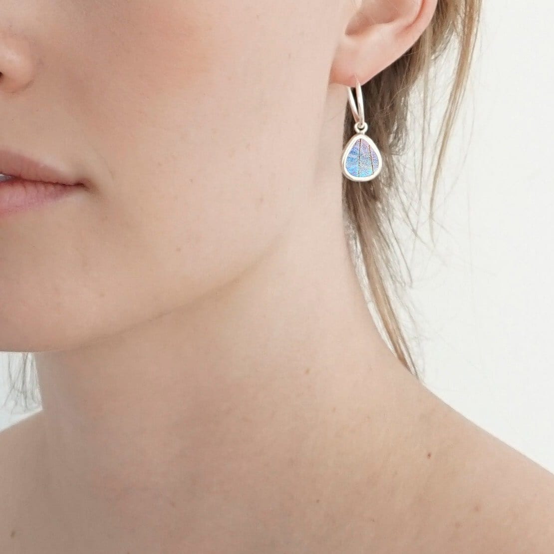 My Store Earrings Small Teardrop-Shaped Pendant Earrings on Endless Hoop | Real Morpho Sulkowskyi Butterfly | Sterling Silver