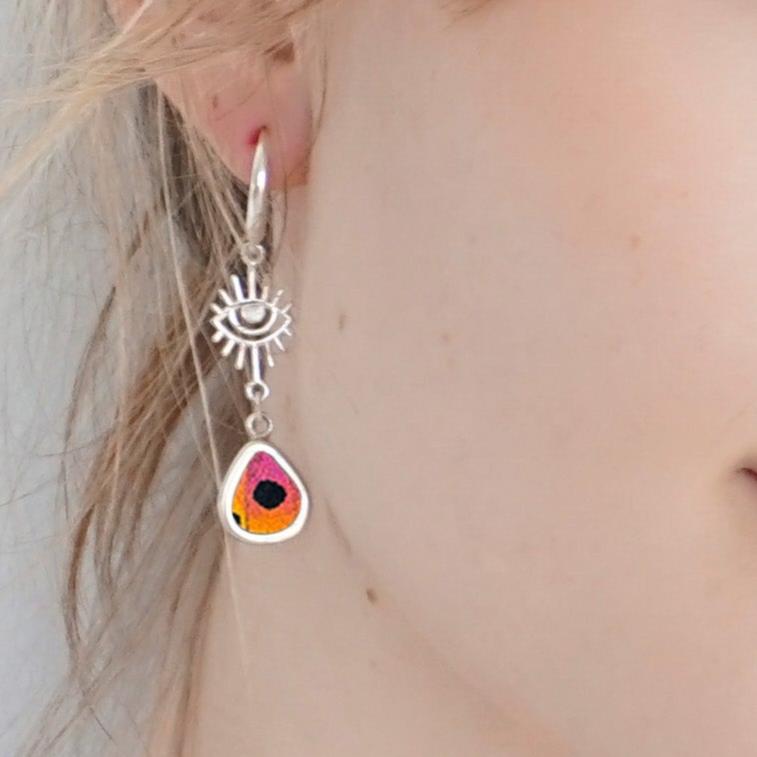 
                  
                    My Store Earrings Small Teardrop-Shaped Pendant Earrings with Evil Eye on Leverback | Real Urania Ripheus Butterfly - Sunburst Series | Sterling Silver
                  
                