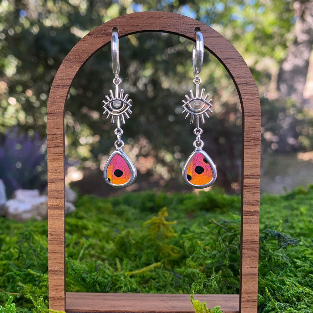 My Store Earrings Small Teardrop-Shaped Pendant Earrings with Evil Eye on Leverback | Real Urania Ripheus Butterfly - Sunburst Series | Sterling Silver