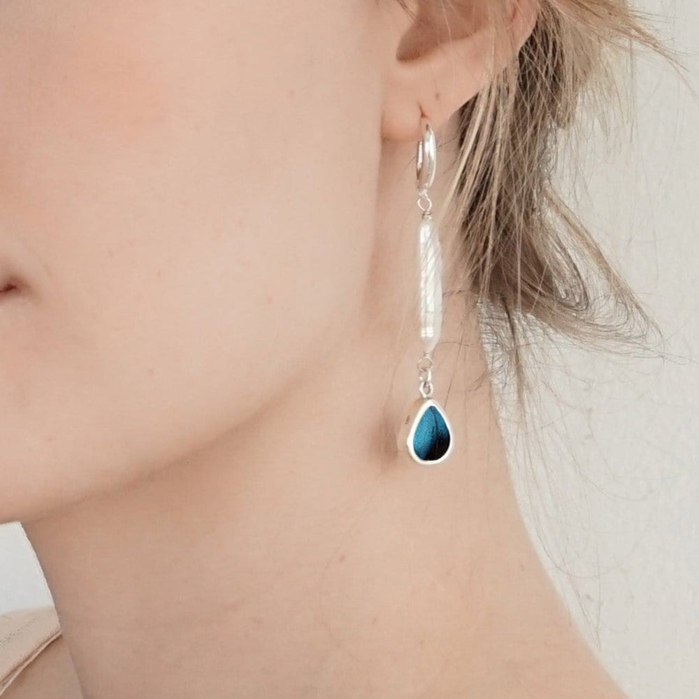 
                  
                    My Store Earrings Small Teardrop-Shaped Pendant Earrings with Freshwater Pearl on Leverback | Real Morpho Achilles Butterfly | Sterling Silver
                  
                
