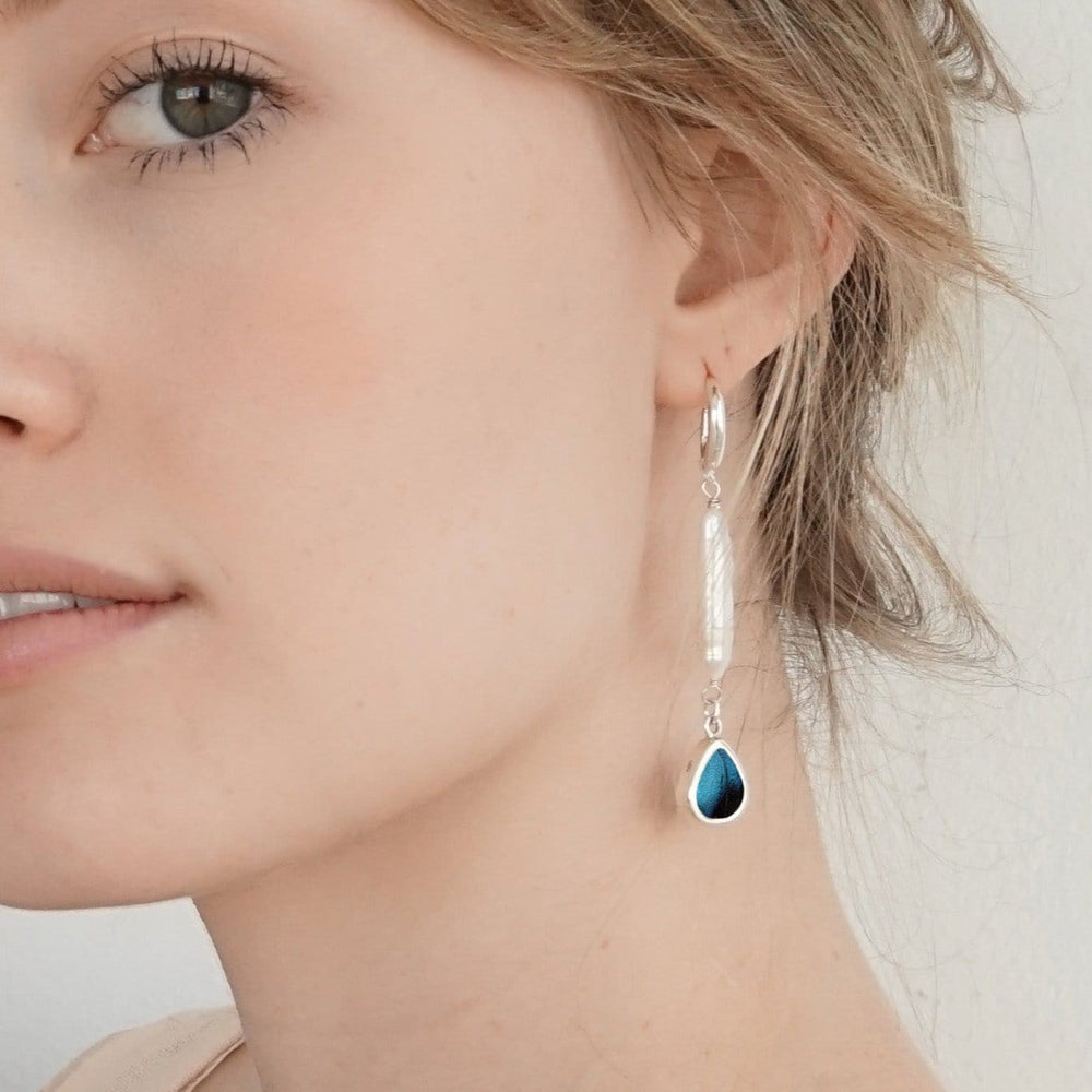 
                  
                    My Store Earrings Small Teardrop-Shaped Pendant Earrings with Freshwater Pearl on Leverback | Real Morpho Achilles Butterfly | Sterling Silver
                  
                