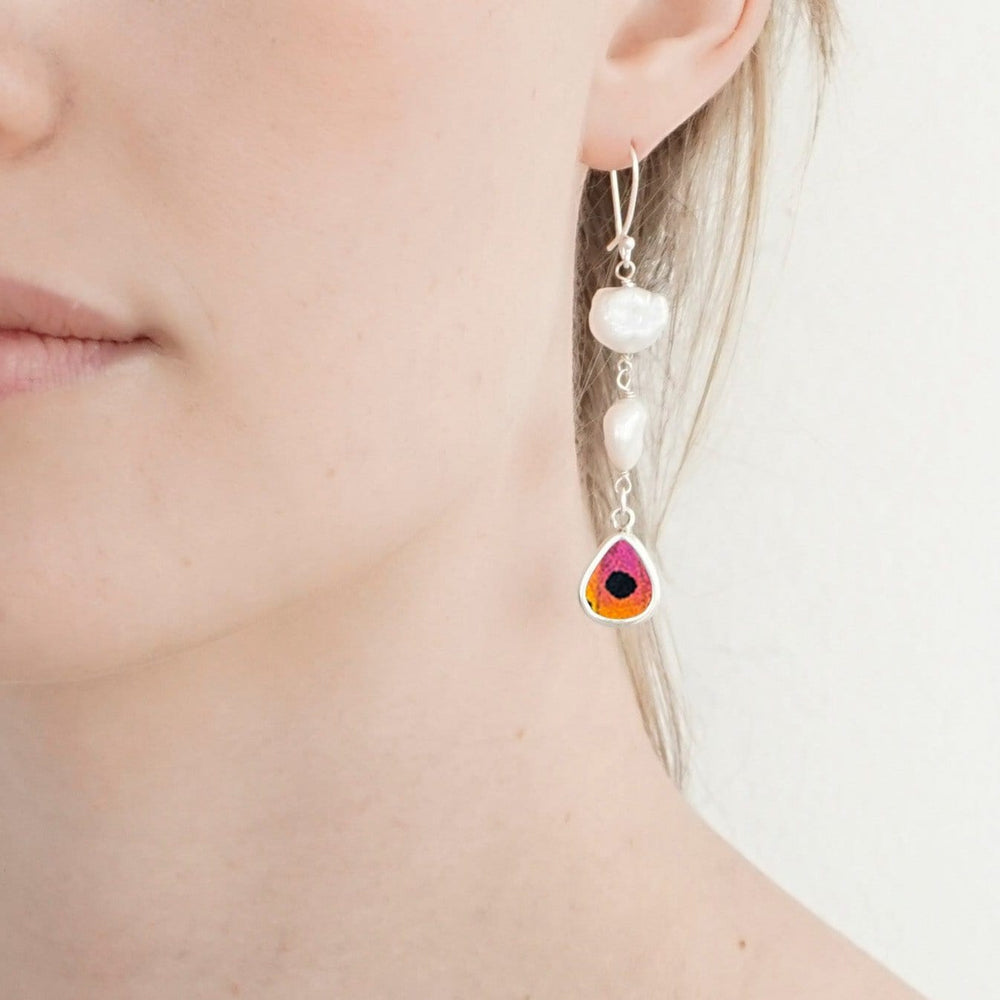 My Store Earrings Teardrop Shaped Pendant Earrings With Two Freshwater Pearls | Real Urania Ripheus Butterfly | Sunburst Series