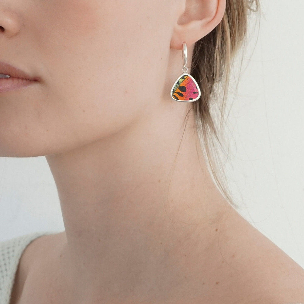 
                  
                    My Store Earrings Triangle Pendant Earrings on Leverback | Real Urania Ripheus Butterfly - Sunset Series | Sterling Silver
                  
                
