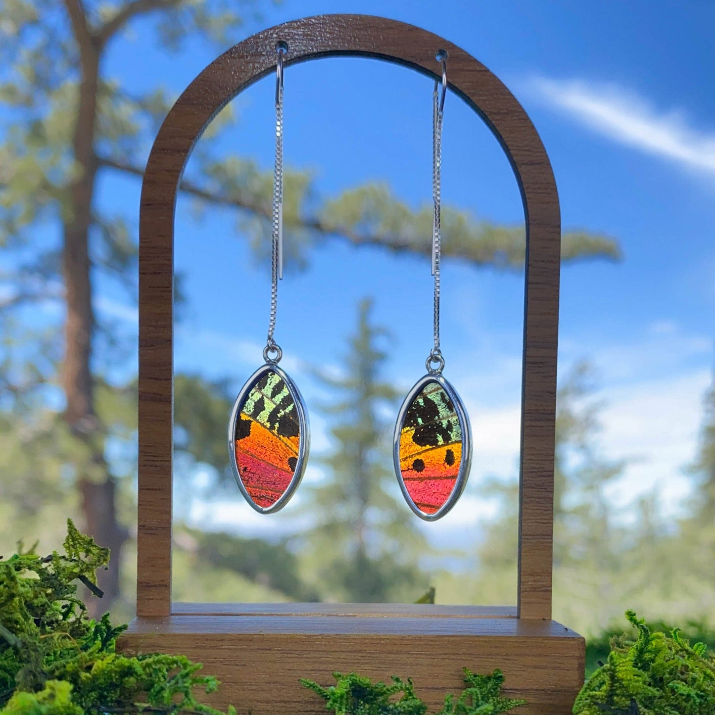 My Store Earrings Urania Ripheus Oval Pendant on Threader | Sunset Series | Gift for Her | Dainty Handmade Jewelry | Boho Earrings with Real Wings | Dramatic Statement Piece