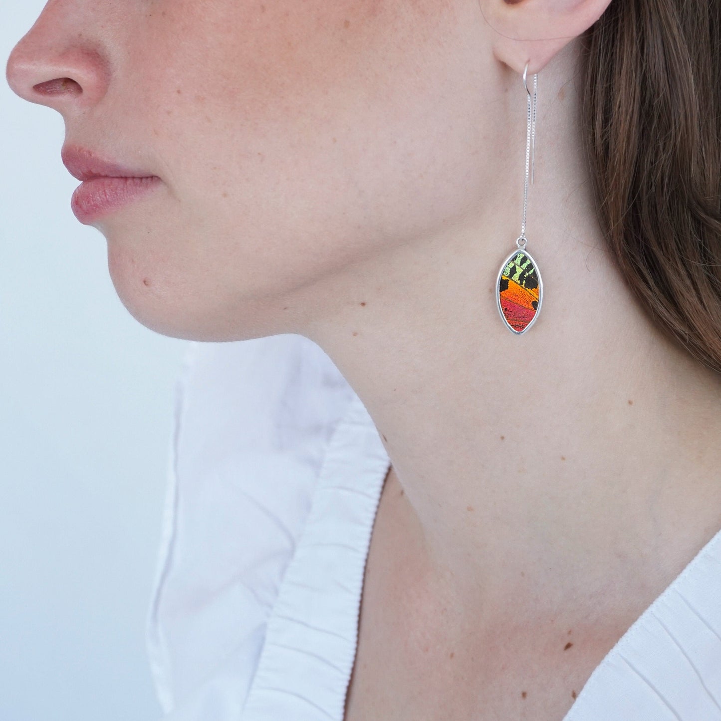 My Store Earrings Urania Ripheus Oval Pendant on Threader | Sunset Series | Gift for Her | Dainty Handmade Jewelry | Boho Earrings with Real Wings | Dramatic Statement Piece