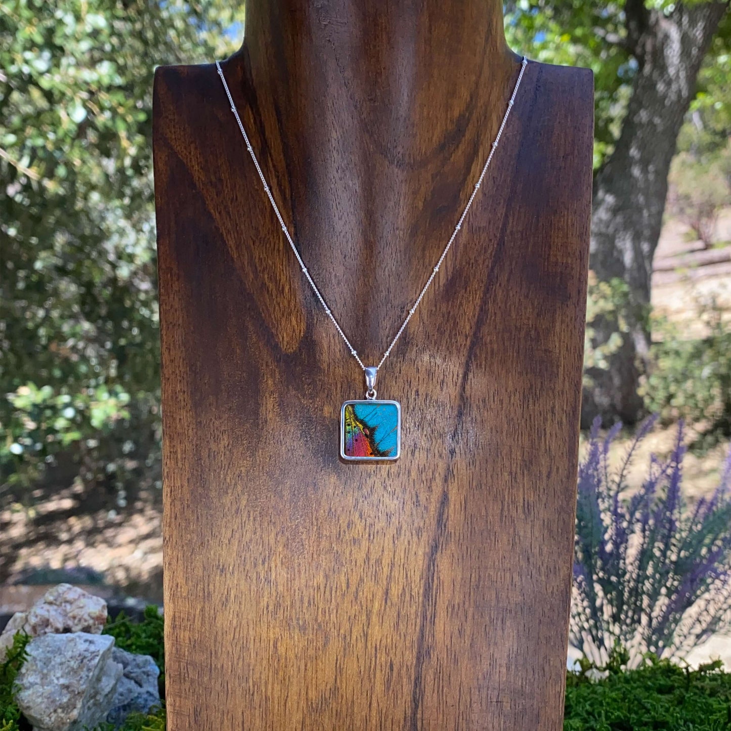 My Store Necklace Combo Real Urania Ripheus And Morpho Butterfly Square Pendant Necklace With Your Choice Of Sterling Silver Chain Length And Style