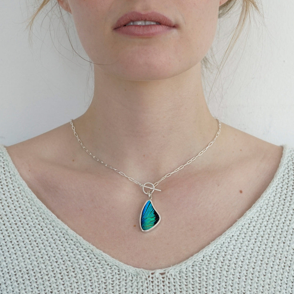 My Store Necklace Large Wing-Shaped Pendant Necklace | Real Prepona Butterfly | Sterling Silver