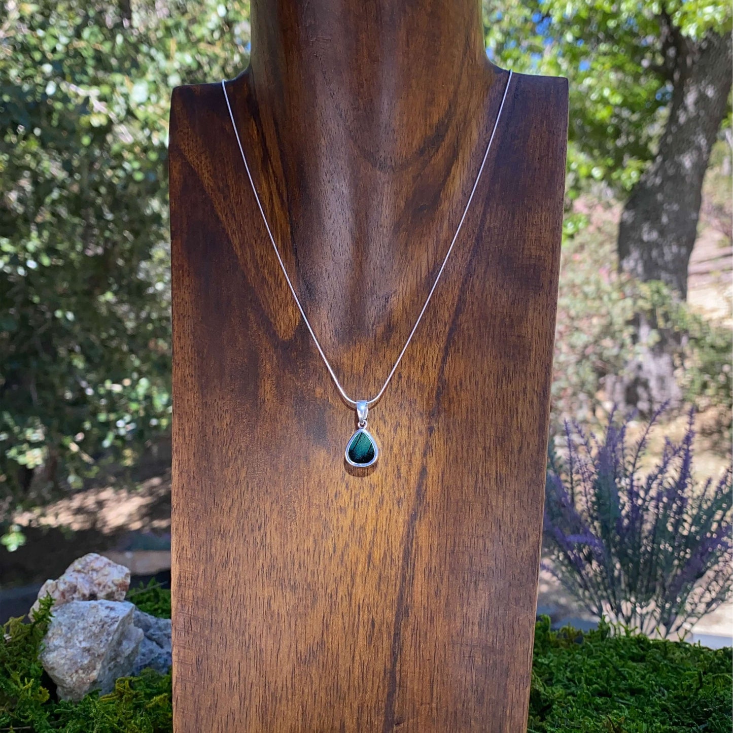 My Store Necklace Real Morpho Achilles Butterfly Small Teardrop Shaped Pendant Necklace With Your Choice Of Sterling Silver Chain Length And Style
