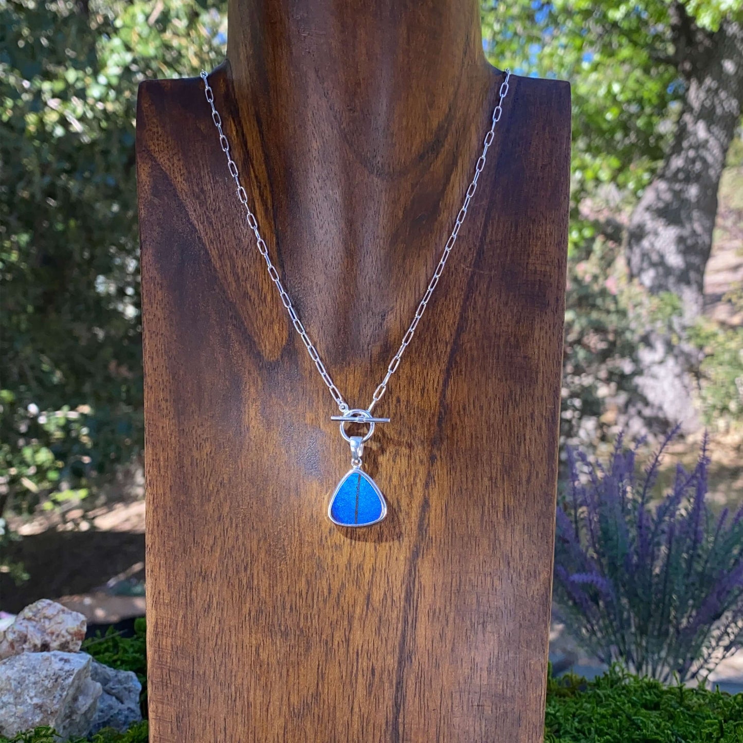 My Store Necklace Real Morpho Butterfly Triangle Shaped Pendant Necklace With Your Choice Of Sterling Silver Chain Length And Style