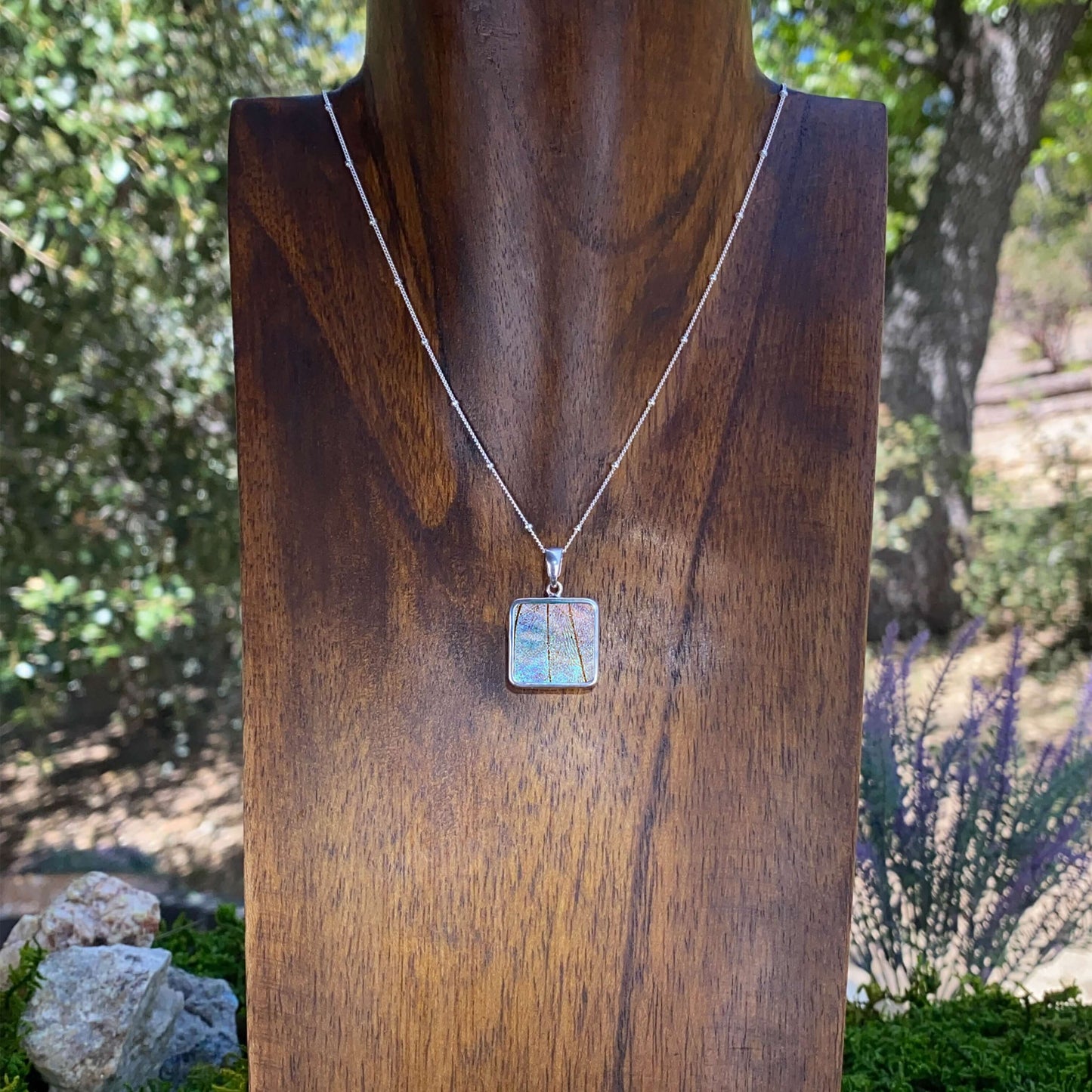 My Store Necklace Real Morpho Sulkowskyi Butterfly Square Pendant Necklace With Your Choice Of Sterling Silver Chain Length And Style