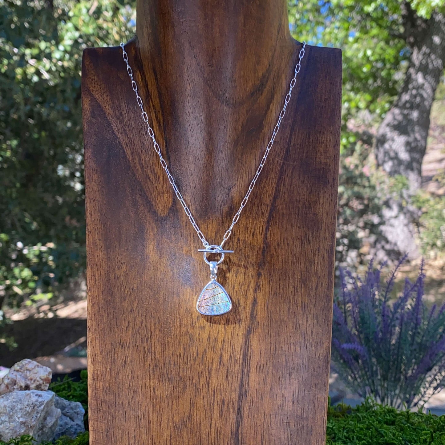 My Store Necklace Real Morpho Sulkowskyi Butterfly Triangle Shaped Pendant Necklace With Your Choice Of Sterling Silver Chain Length And Style