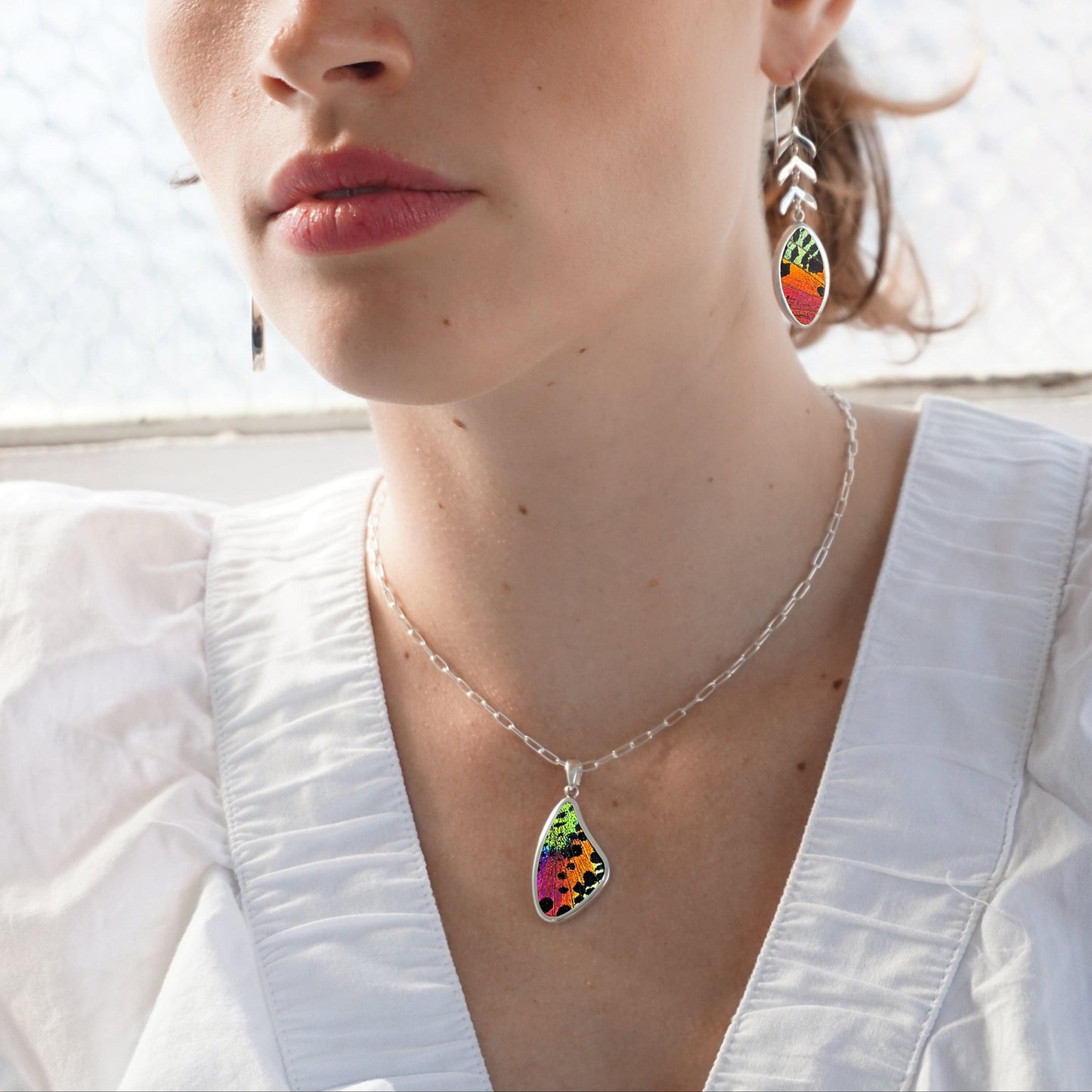 My Store Necklace Real Urania Ripheus Sunset Series Butterfly Large Wing Shaped Pendant Necklace With Your Choice Of Sterling Silver Chain Length And Style