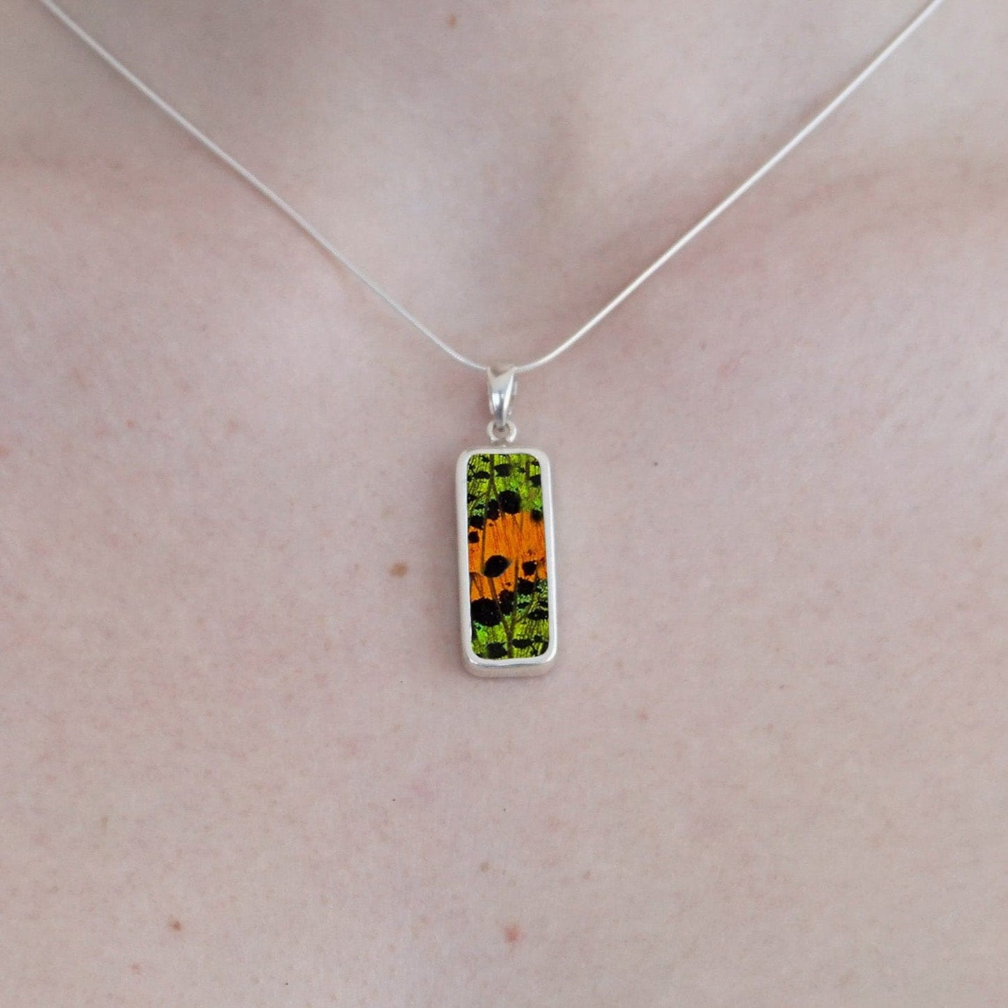 My Store Necklace Rectangle Pendant Necklace | Real Urania Ripheus Butterfly - Sunrise Series | Sterling Silver