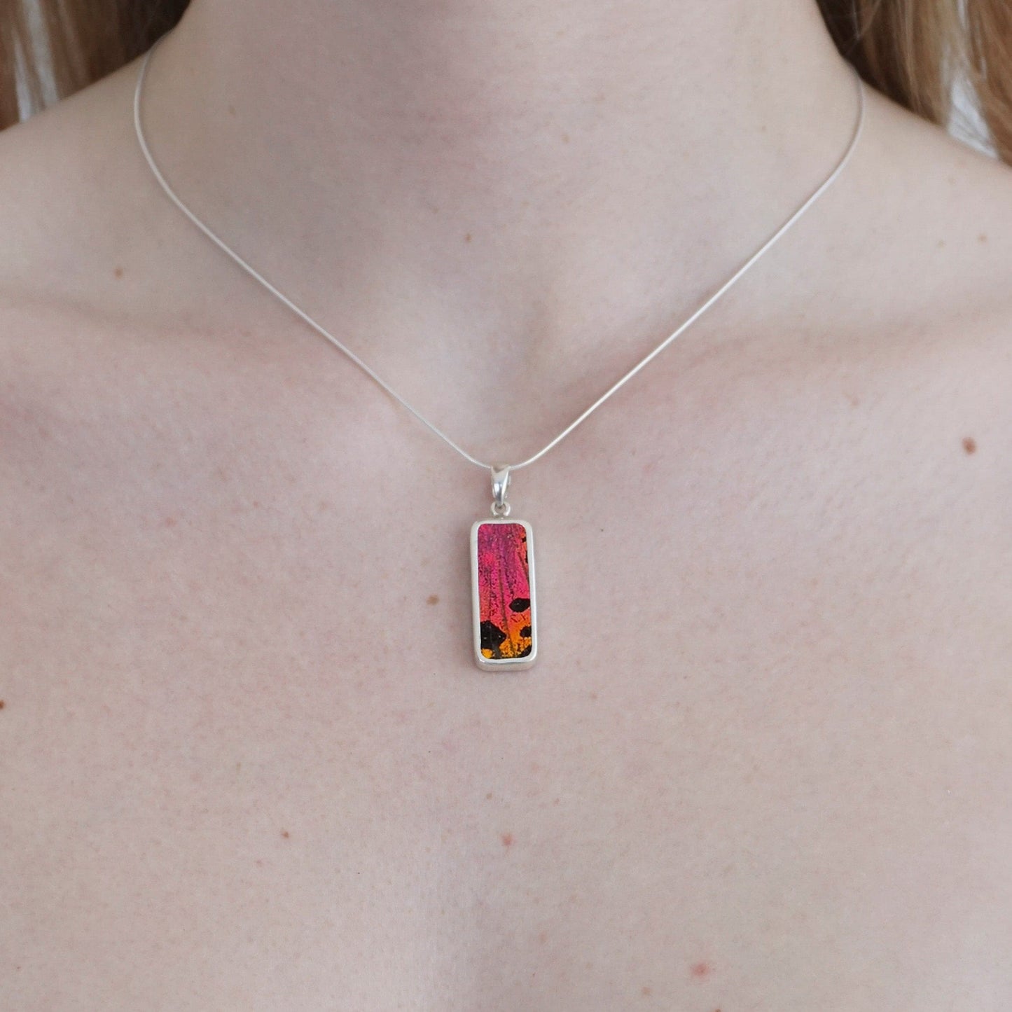 My Store Necklace Rectangle Pendant Necklace | Real Urania Ripheus Butterfly - Sunset Series | Sterling Silver