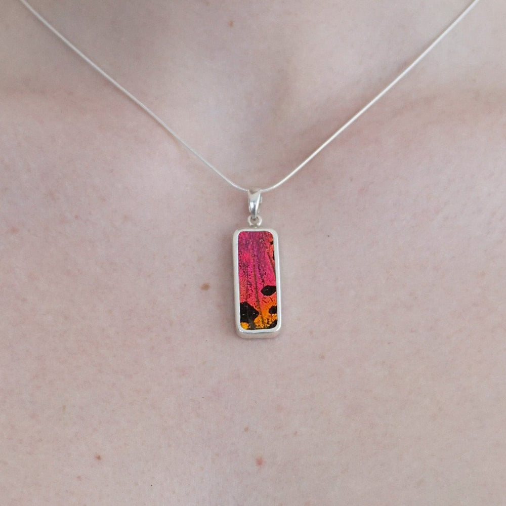 My Store Necklace Rectangle Pendant Necklace | Real Urania Ripheus Butterfly - Sunset Series | Sterling Silver