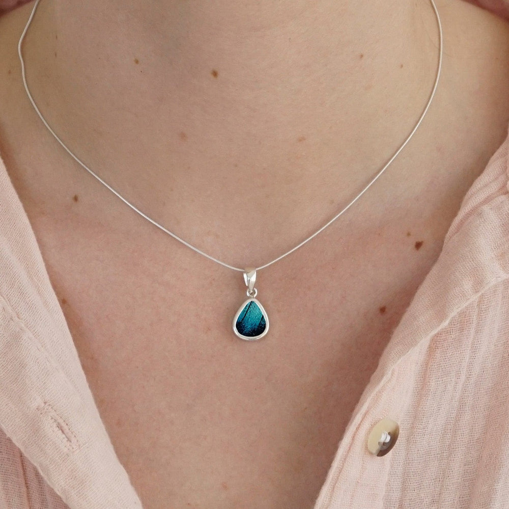 My Store Necklace Small Teardrop-Shaped Pendant Necklace | Real Morpho Achilles Butterfly | Sterling Silver