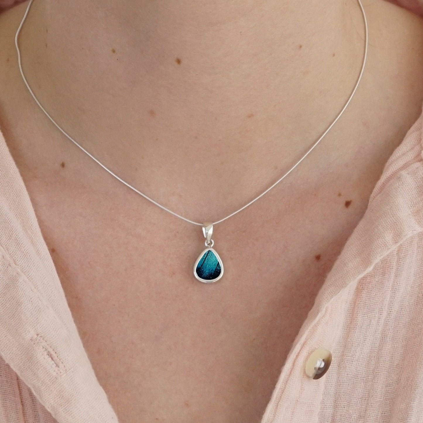 My Store Necklace Small Teardrop-Shaped Pendant Necklace | Real Morpho Achilles Butterfly | Sterling Silver