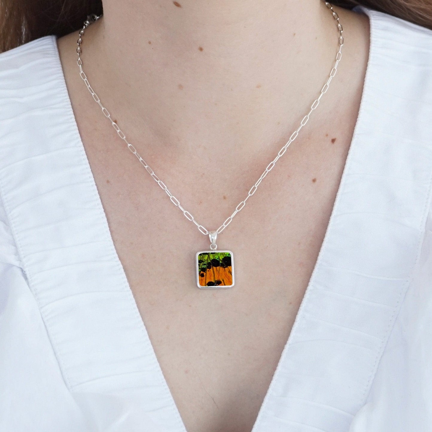 My Store Necklace Square Pendant Necklace | Real Urania Ripheus Butterfly - Sunrise Series | Sterling Silver