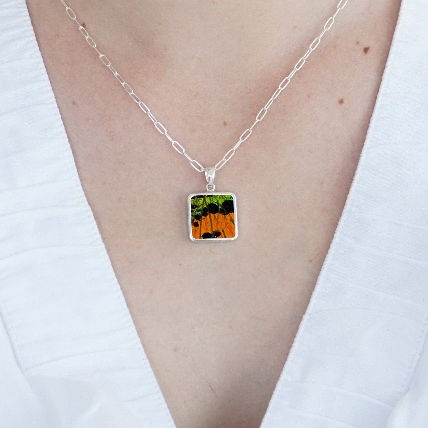 My Store Necklace Square Pendant Necklace | Real Urania Ripheus Butterfly - Sunrise Series | Sterling Silver