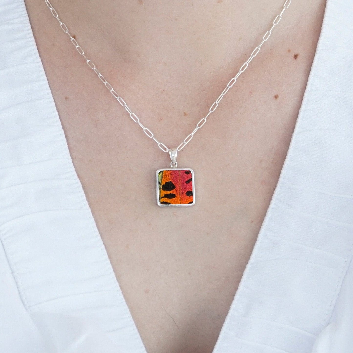 My Store Necklace Square Pendant Necklace | Real Urania Ripheus Butterfly - Sunset Series | Sterling Silver